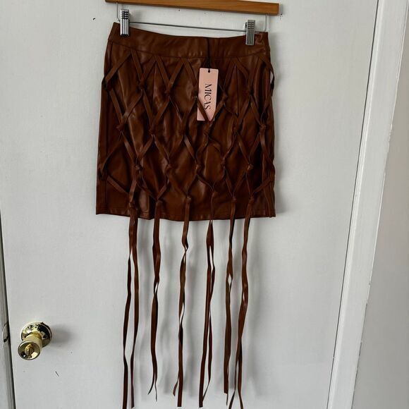 Micas Brown Faux Leather Fringe Mini Skirt Boho Festival Party Wear M - Picture 5 of 10